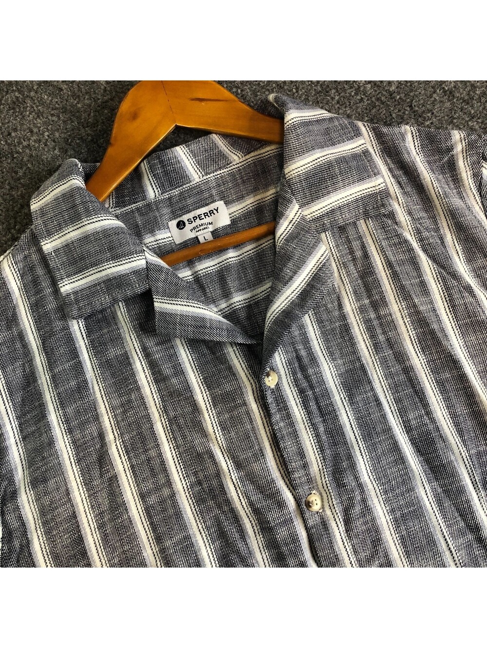 Sperry Mens Camp Collared Shirt Size Large Blue Striped Textured Preppy Coastal
